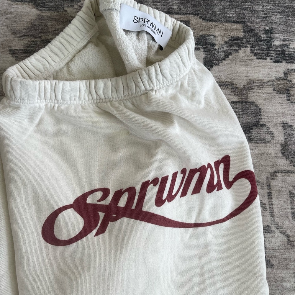 SPRWNN Cream Sweatpants with Maroon Logo